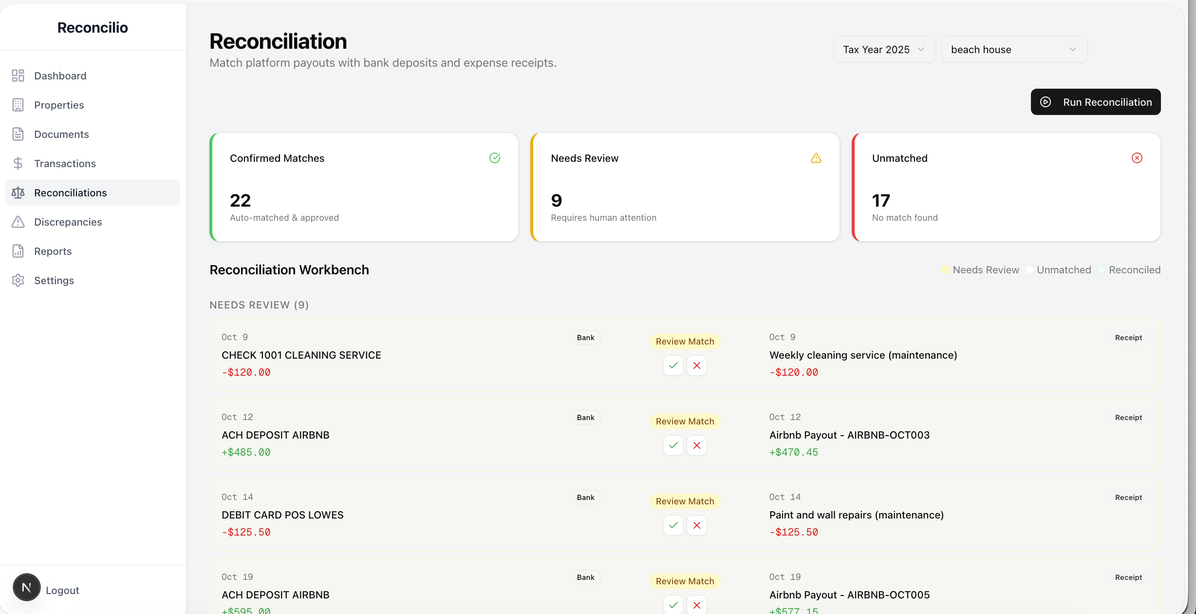 AI matching engine showing confidence scores and suggested matches
