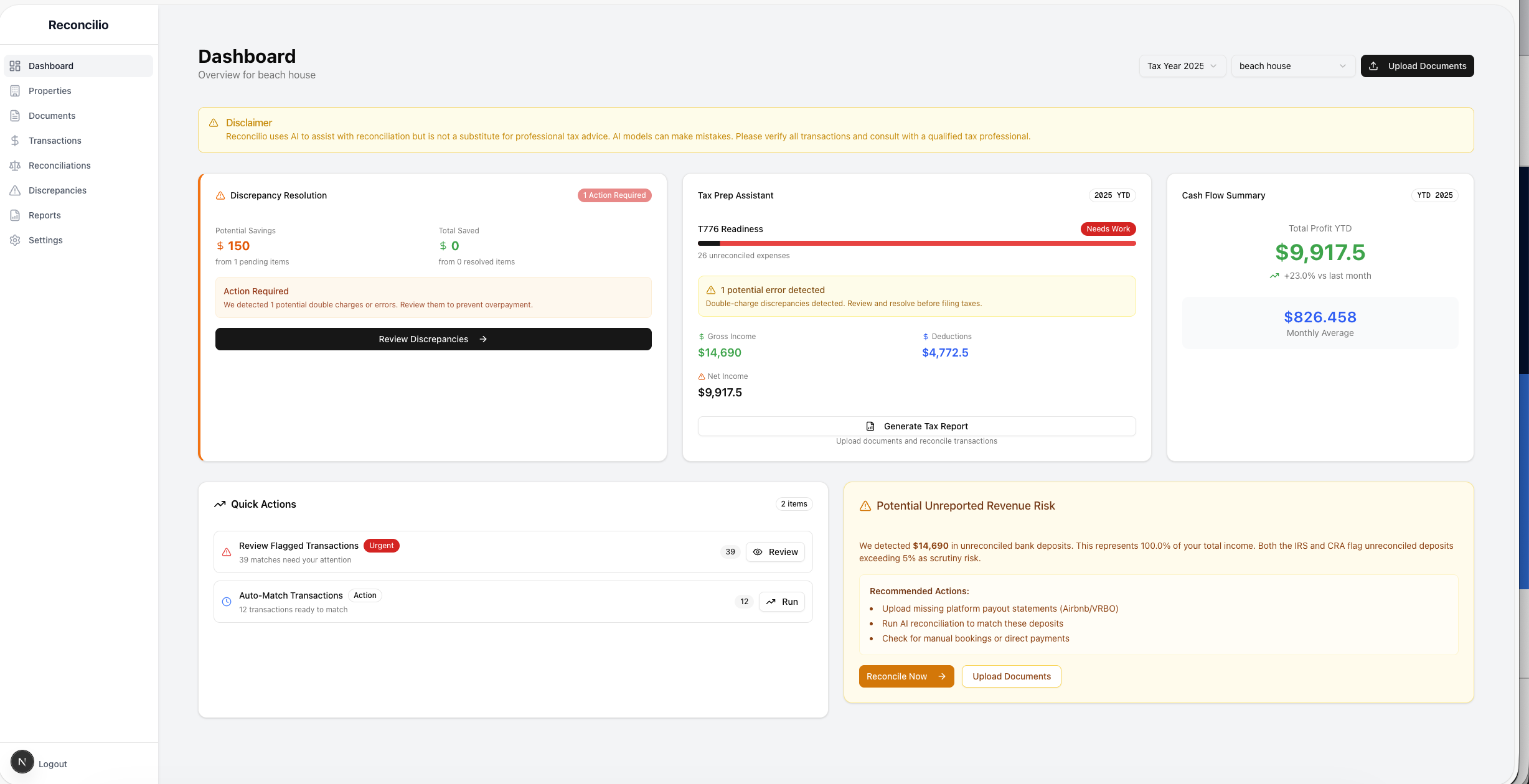 Airbnb reconciliation dashboard showing matched transactions and bank deposits