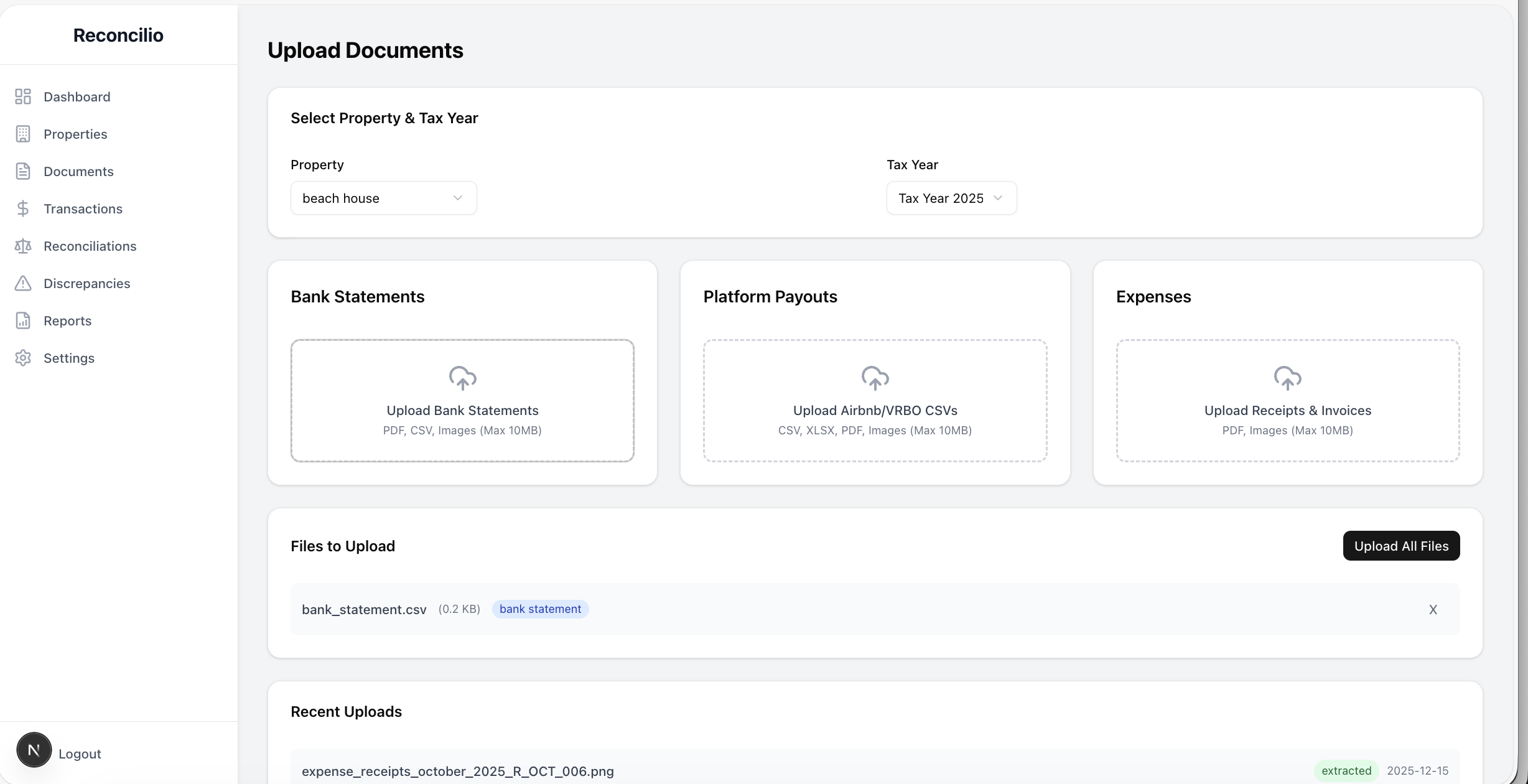 Document upload interface for Airbnb statements and bank PDFs