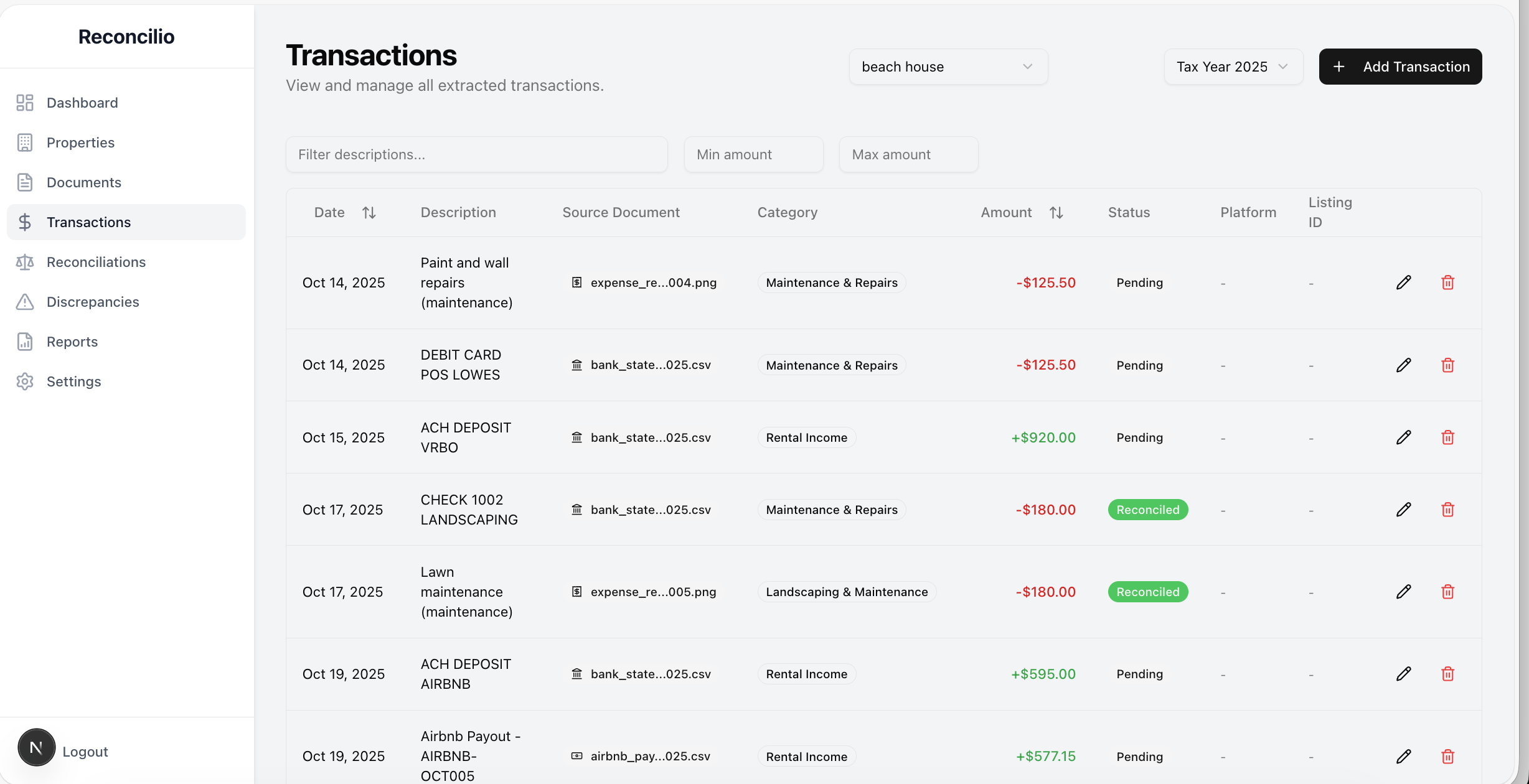 Transaction review screen showing matched and unmatched transactions